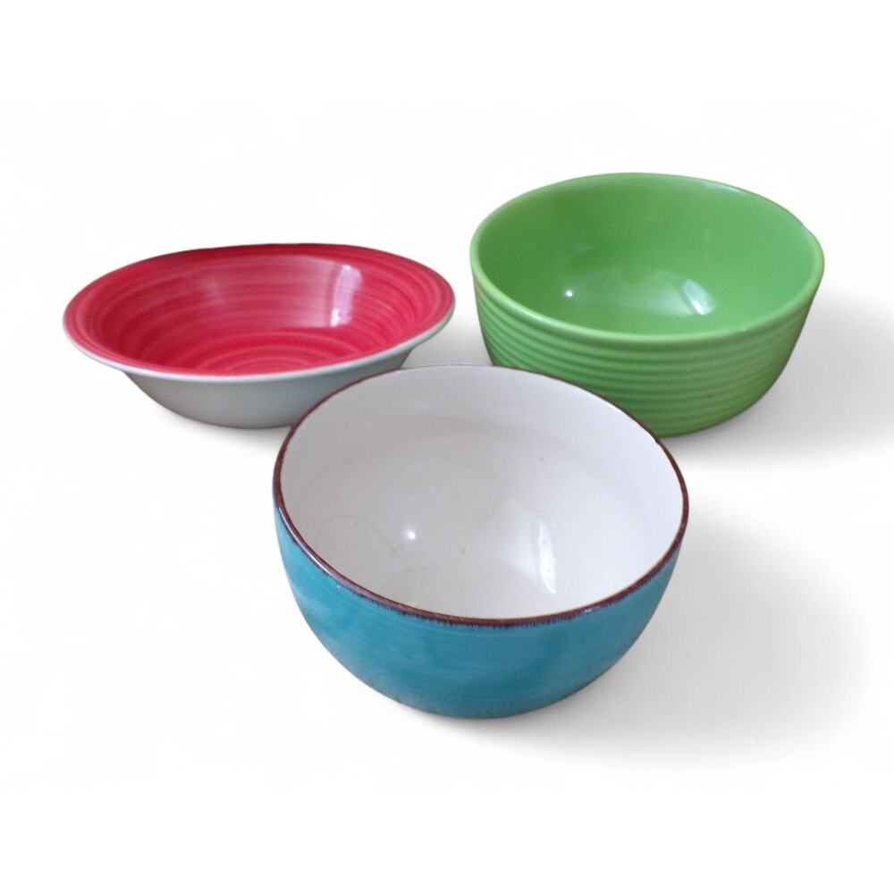 (3) Royal Norfolk Bowls Glazed Stoneware Small Green Rib Red Swirl Turquoise - Picture 1 of 7